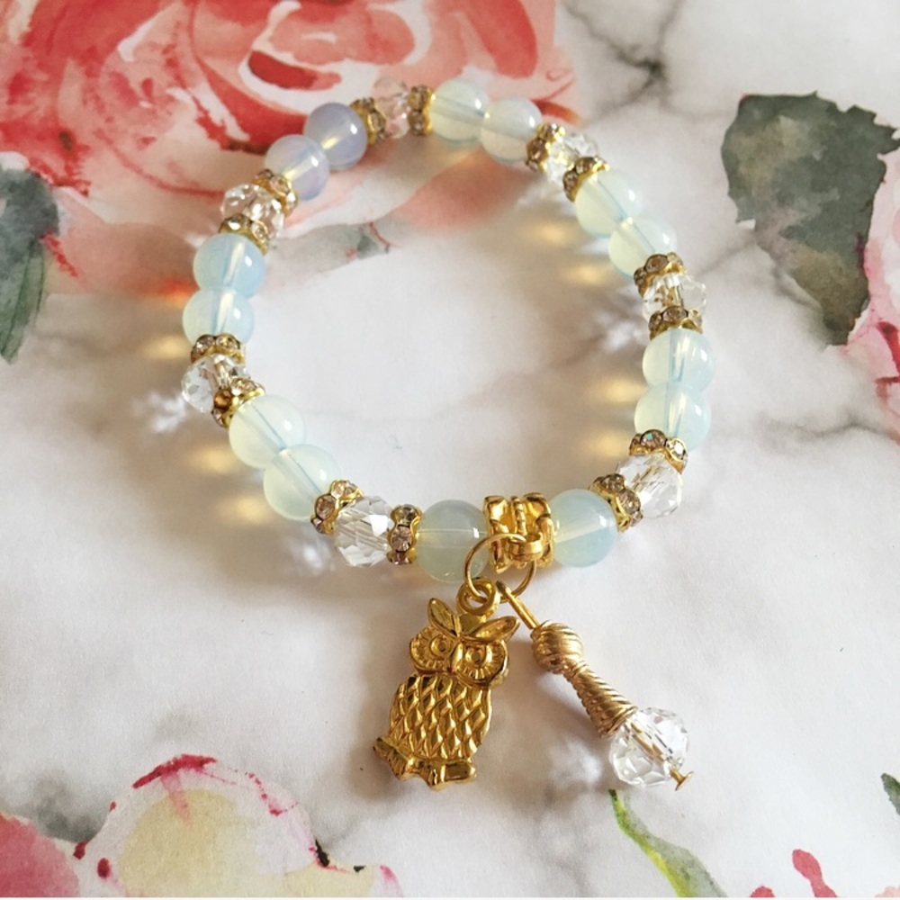 Owl Charm Bracelet w Sky Blue Beads & Rhinestones
